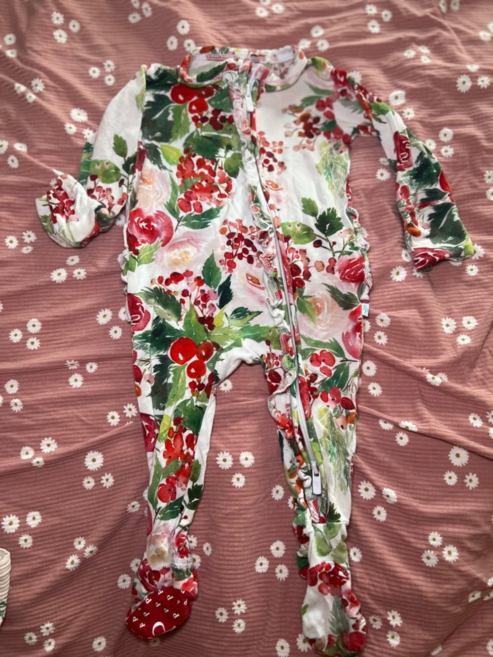 Posh Peanut Floral Footed Baby One-Piece - White, Red & Green